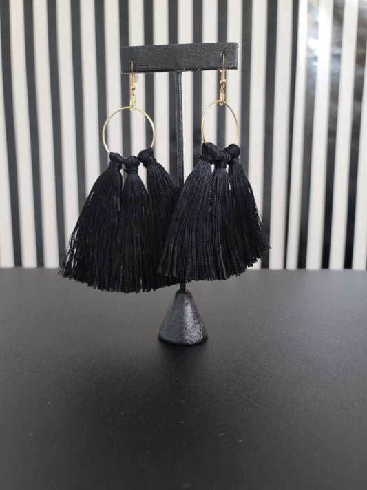 Black Hoop Tassel Earrings